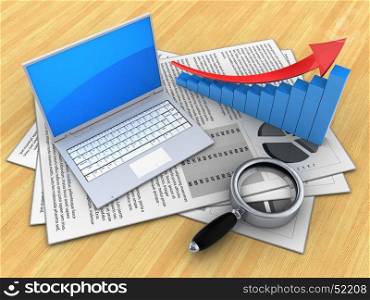 3d illustration of documents and computer over wood table background with arrow graph. 3d arrow graph