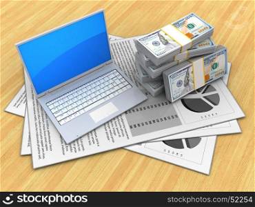 3d illustration of documents and computer over wood table background with money. 3d blank