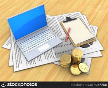 3d illustration of documents and computer over wood table background with note. 3d coins