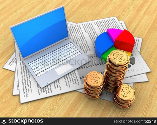 3d illustration of documents and computer over wood table background with pie chart. 3d pie chart