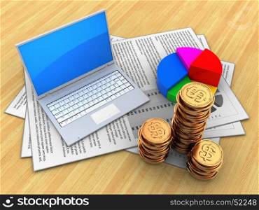 3d illustration of documents and computer over wood table background with pie chart. 3d pie chart