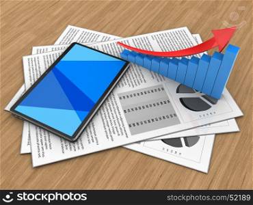 3d illustration of documents and tablet computer over wood background with arrow graph. 3d documents