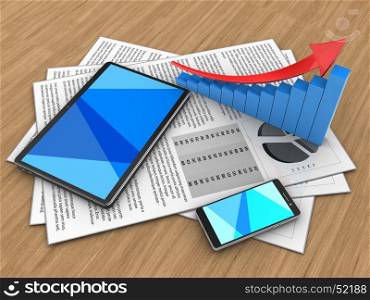 3d illustration of documents and tablet computer over wood background with arrow graph. 3d tablet computer