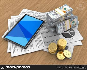 3d illustration of documents and tablet computer over wood background with money. 3d coins