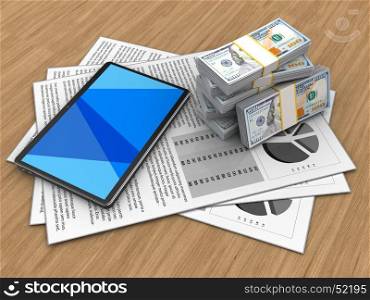 3d illustration of documents and tablet computer over wood background with money. 3d documents