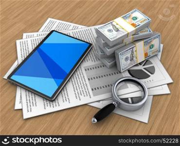 3d illustration of documents and tablet computer over wood background with money. 3d magnify glass