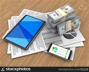 3d illustration of documents and tablet computer over wood background with money. 3d money