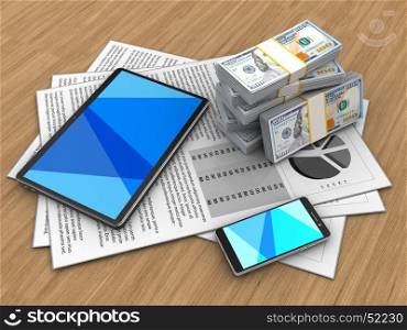 3d illustration of documents and tablet computer over wood background with money. 3d money