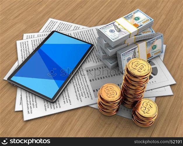 3d illustration of documents and tablet computer over wood background with money. 3d tablet computer