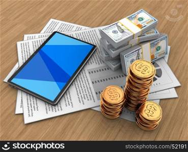 3d illustration of documents and tablet computer over wood background with money. 3d tablet computer