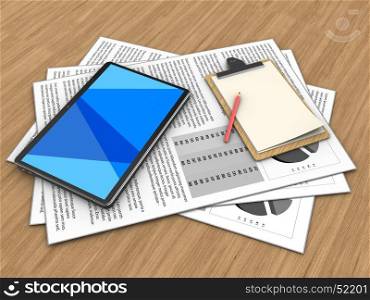 3d illustration of documents and tablet computer over wood background with note. 3d blank