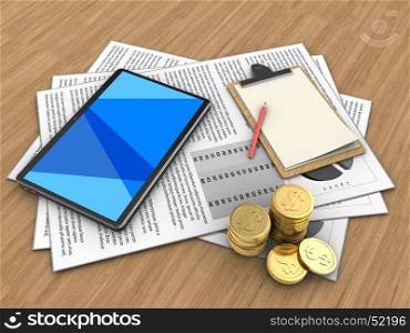 3d illustration of documents and tablet computer over wood background with note. 3d documents