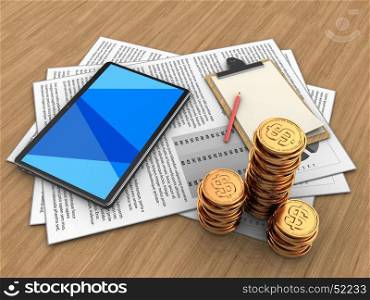 3d illustration of documents and tablet computer over wood background with note. 3d golden coins