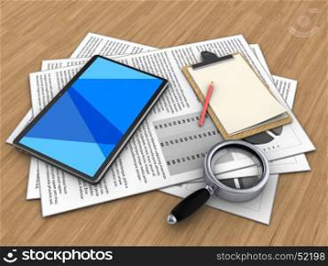 3d illustration of documents and tablet computer over wood background with note. 3d magnify glass