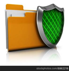 3d illustration of documents folder protected by green shield