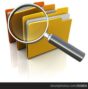 3d illustration of documents folders with magnify glass