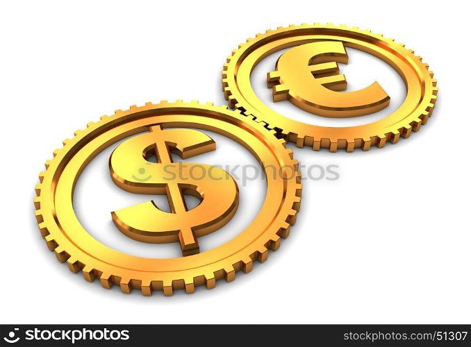 3d illustration of dollar and euro gear wheels connected