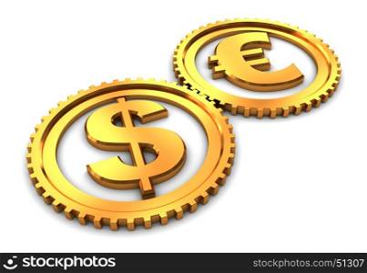 3d illustration of dollar and euro gear wheels connected