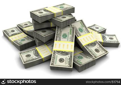 3d illustration of dollar banknotes heap, over white background