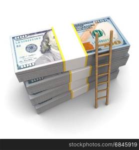 3d illustration of dollars stack and wooden ladder. ladder to money
