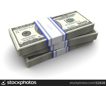 3d illustration of dollars stack over white background