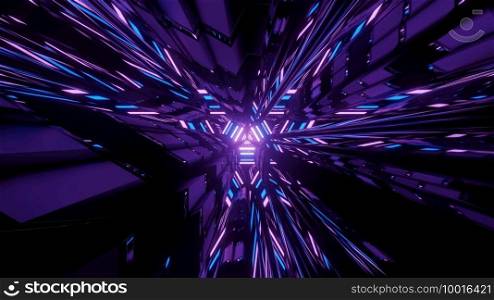 3D illustration of dynamic neon lights glowing in dark tunnel and reflecting in geometric figures as abstract background. 3D illustration of hypnotic pattern with neon light in dark labyrinth