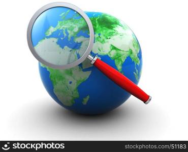 3d illustration of earth and magnify glass, over white background
