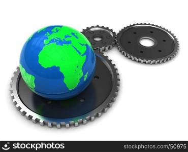 3d illustration of earth globe and gear wheels, over white background