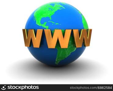 3d illustration of earth globe with text &rsquo;www&rsquo;, over white background