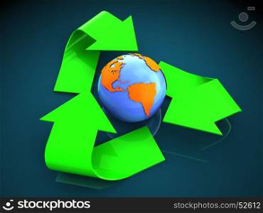 3d illustration of earth with recycle symbol over cyan background