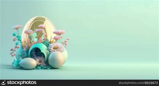 3D Illustration of Easter Eggs and Flowers with a Fairy Tale Theme for Background and Banner