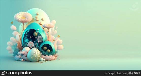 3D Illustration of Easter Eggs and Flowers with a Fairy Tale Theme for Background and Banner