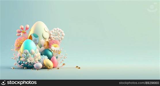3D Illustration of Easter Eggs and Flowers with a Fairytale Wonderland Theme for Background and Banner