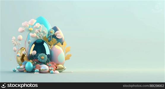 3D Illustration of Easter Eggs and Flowers with a Fairytale Wonderland Theme for Background and Banner