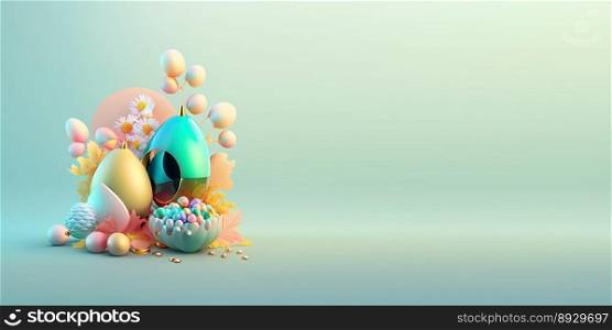 3D Illustration of Easter Eggs and Flowers with a Fairytale Wonderland Theme for Banner