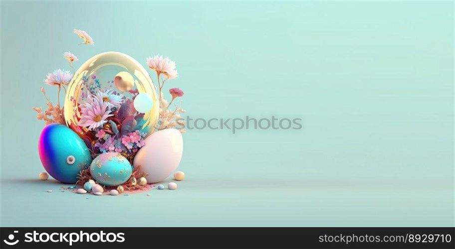 3D Illustration of Easter Eggs and Flowers with a Fairytale Wonderland Theme for Banner