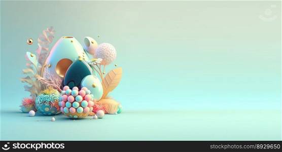 3D Illustration of Easter Eggs and Flowers with a Fantasy Theme for Background and Banner