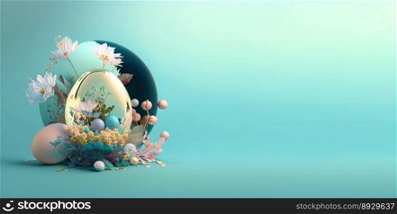 3D Illustration of Easter Eggs and Flowers with a Fantasy Wonderland Theme for Background and Banner