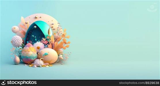 3D Illustration of Easter Eggs and Flowers with a Fantasy Wonderland Theme for Background and Banner
