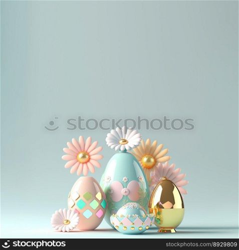 3D Illustration of Eggs and Flowers for Easter Background