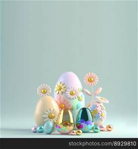 3D Illustration of Eggs and Flowers for Easter Festive Background