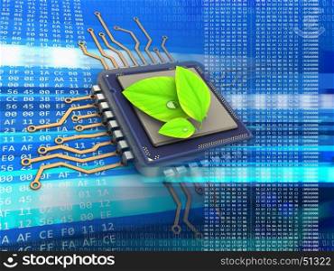 3d illustration of electronic microprocessor over code background with leaves
