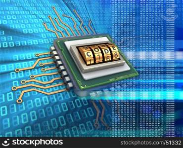 3d illustration of electronic microprocessor over digital background with code dial