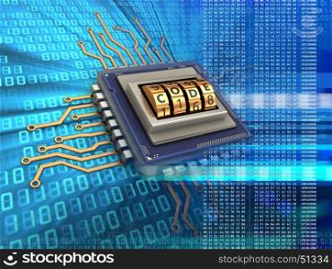 3d illustration of electronic microprocessor over digital background with code dial