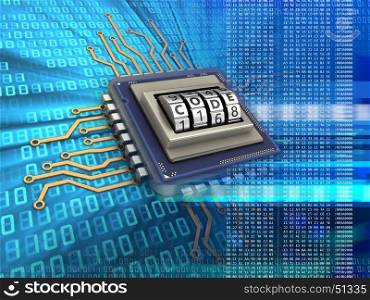 3d illustration of electronic microprocessor over digital background with code lock dial