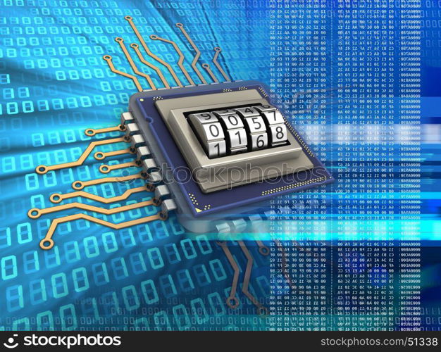 3d illustration of electronic microprocessor over digital background with code protection