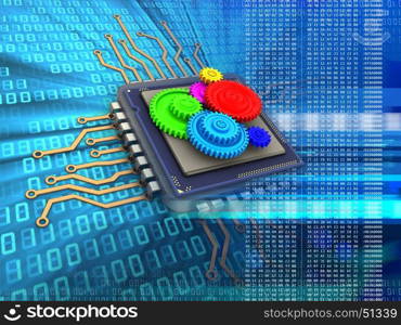 3d illustration of electronic microprocessor over digital background with colorful gear wheels