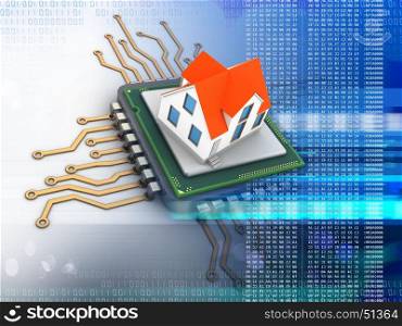 3d illustration of electronic microprocessor over white background with house