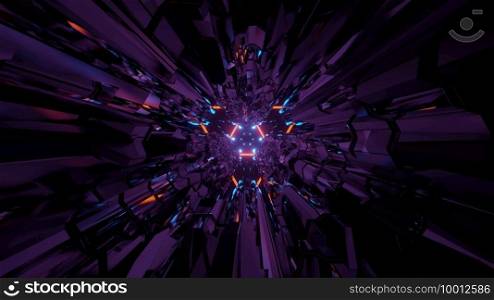 3D illustration of endless dark tunnel with purple lines and neon illumination as abstract background. Futuristic cyberspace with purple walls in 3D illustration