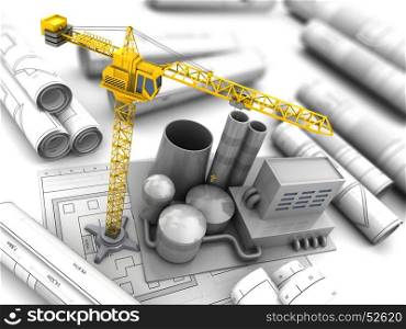 3d illustration of factory construction with crane